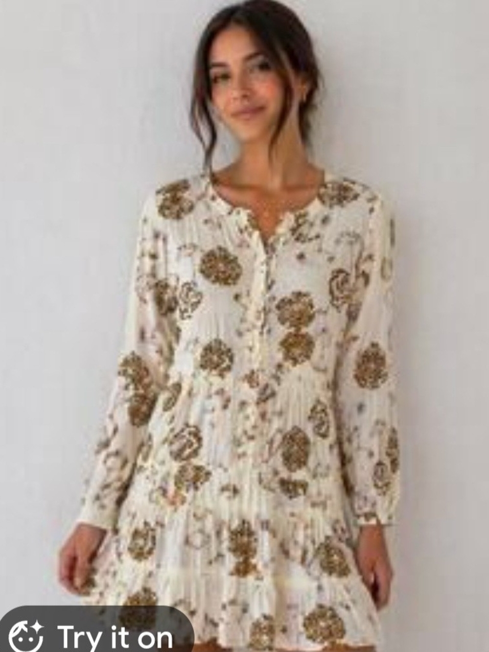 hinge Cream Floral Long-Sleeve Button Tiered Dress